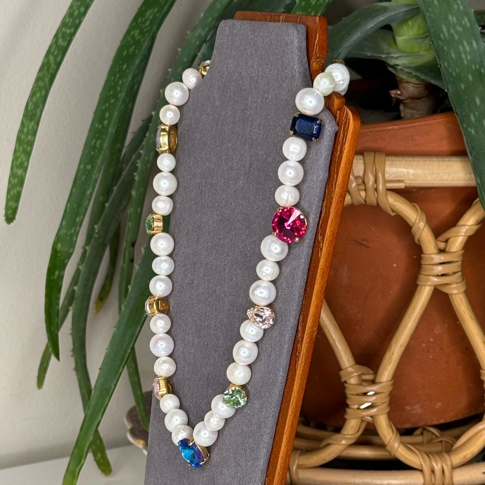 Martha Calvo Pearl Crystal Charm Necklace Gold Multicolor Statement 18” - Picture 3 of 9